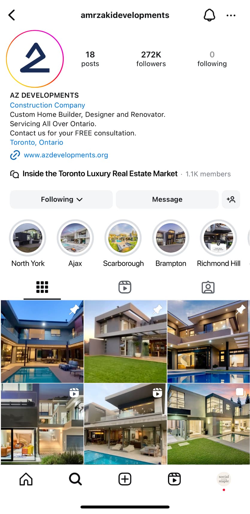 AZ Developments Instagram profile after Social Staple's work