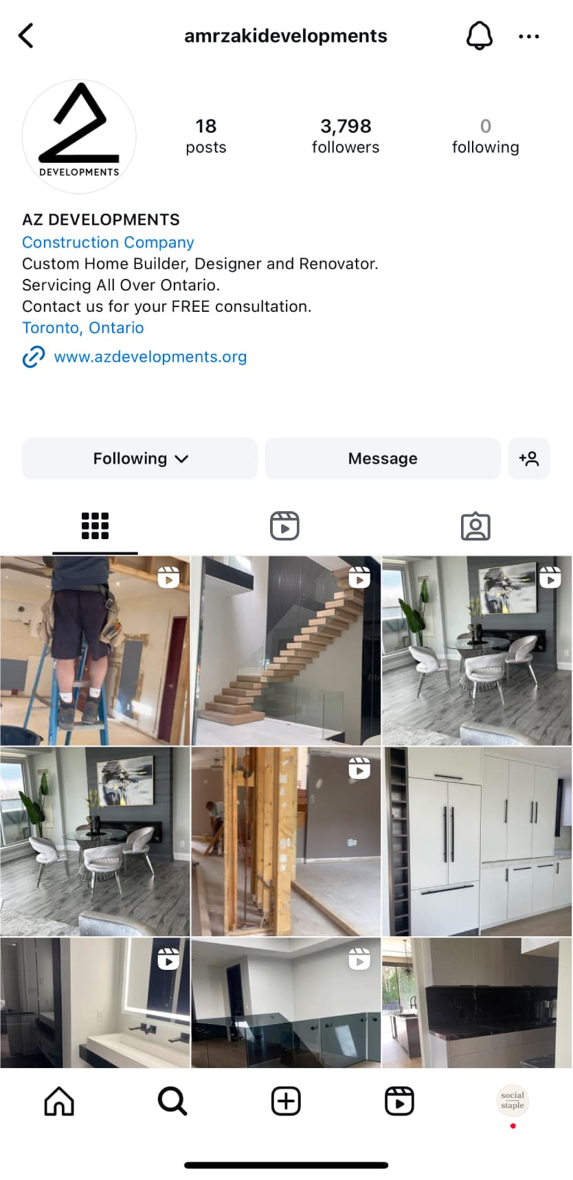 AZ Developments Instagram profile before Social Staple's work
